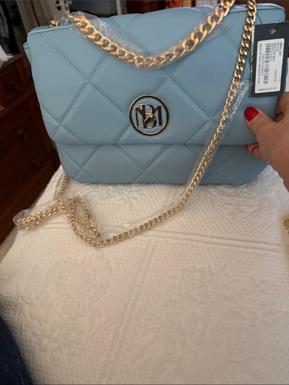 Badgley Mischka Quilted Light Blue Crossbody with Gold Tone Logo